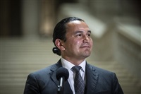 Manitoba premier-elect Wab Kinew holds a press conference in Winnipeg, Wednesday, Oct. 4, 2023. The Manitoba government is planning to end its ban on homegrown recreational cannabis — a move that would leave Quebec as the only province with such a restriction.