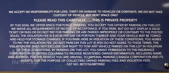This is the wording on the Impark sign next to the pay station at the Kelowna General Hospital public parkade.